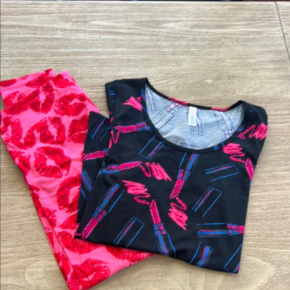 LuLaRoe Pink and Black Short Sleeve Tee with Coordinating Leggings